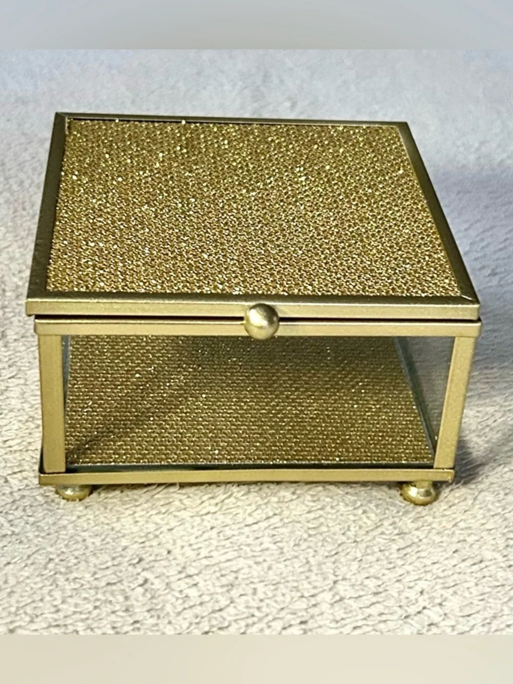 Fabulous Diamond Gold and Glass Jewelry Trinket Box Mirror 4” x 4” x 2.5” NEW